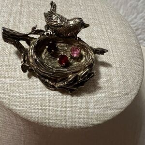 Anson signed Bird on a Nest Brooch with Red and Pink Gems in Sterling silver